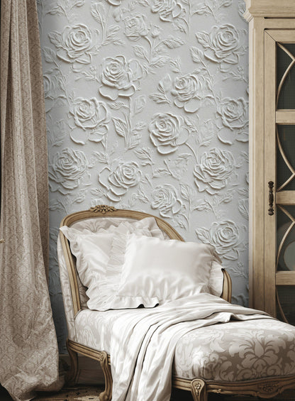 Cream Textured Rose Floral Wallpaper