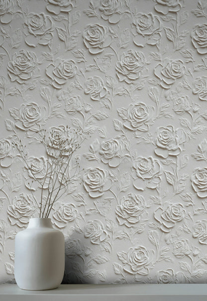 Cream Textured Rose Floral Wallpaper