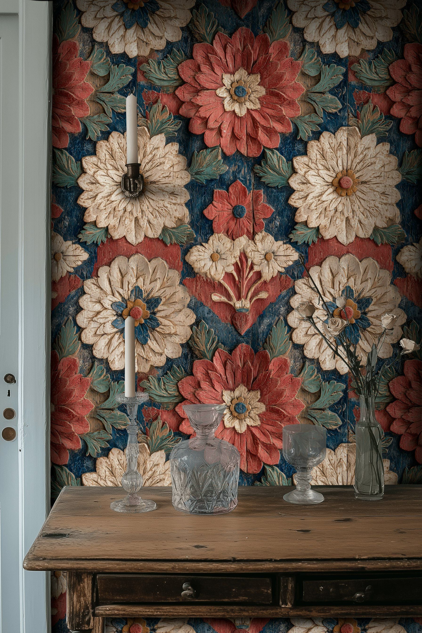 Vintage Red and Blue Large Floral Wallpaper