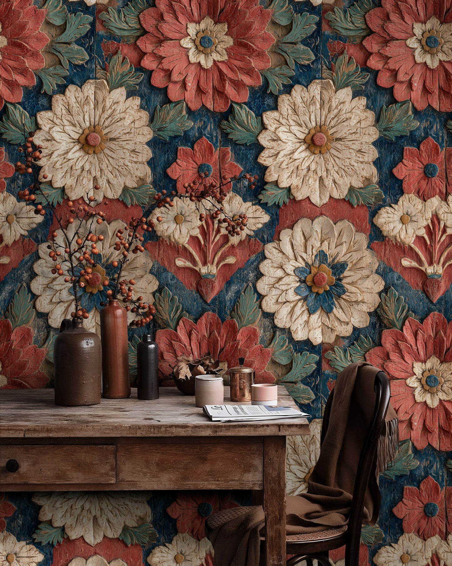 Folk Flower Wallpaper Distressed Carved Wood Wall Mural