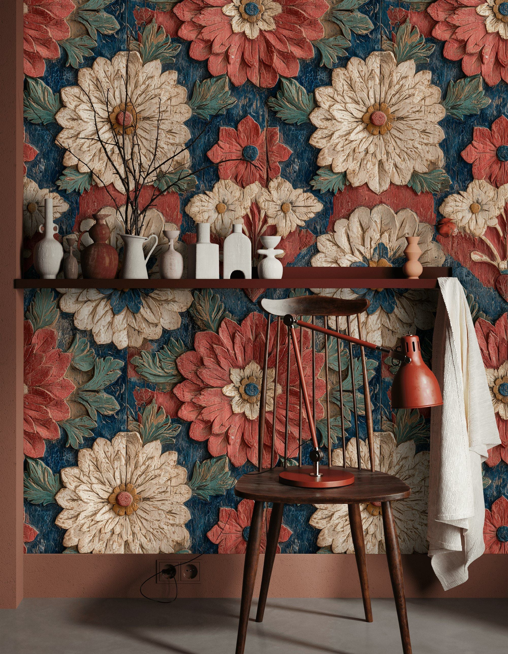 Vintage Red and Blue Large Floral Wallpaper