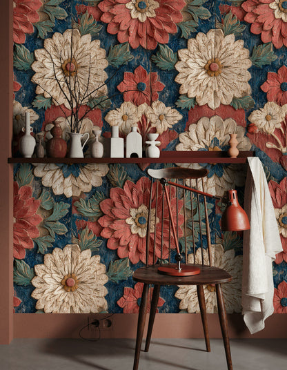 Vintage Red and Blue Large Floral Wallpaper
