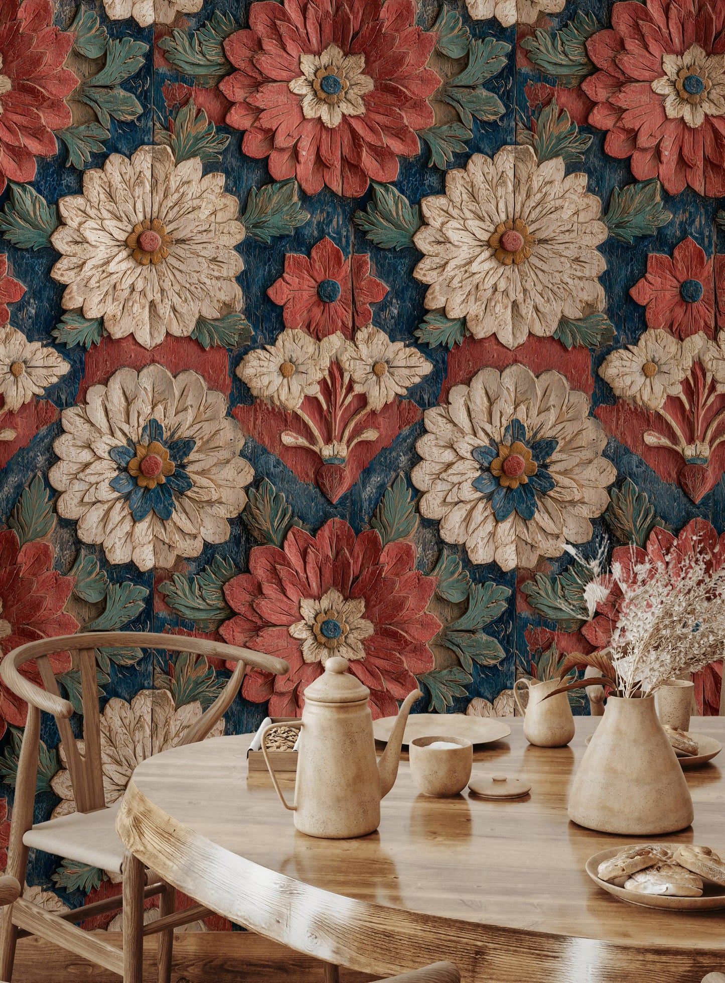 Folk Flower Wallpaper Distressed Carved Wood Wall Mural
