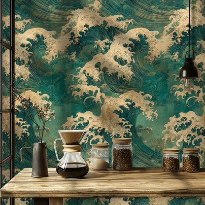 Teal and Beige Japanese Wave Pattern Wallpaper