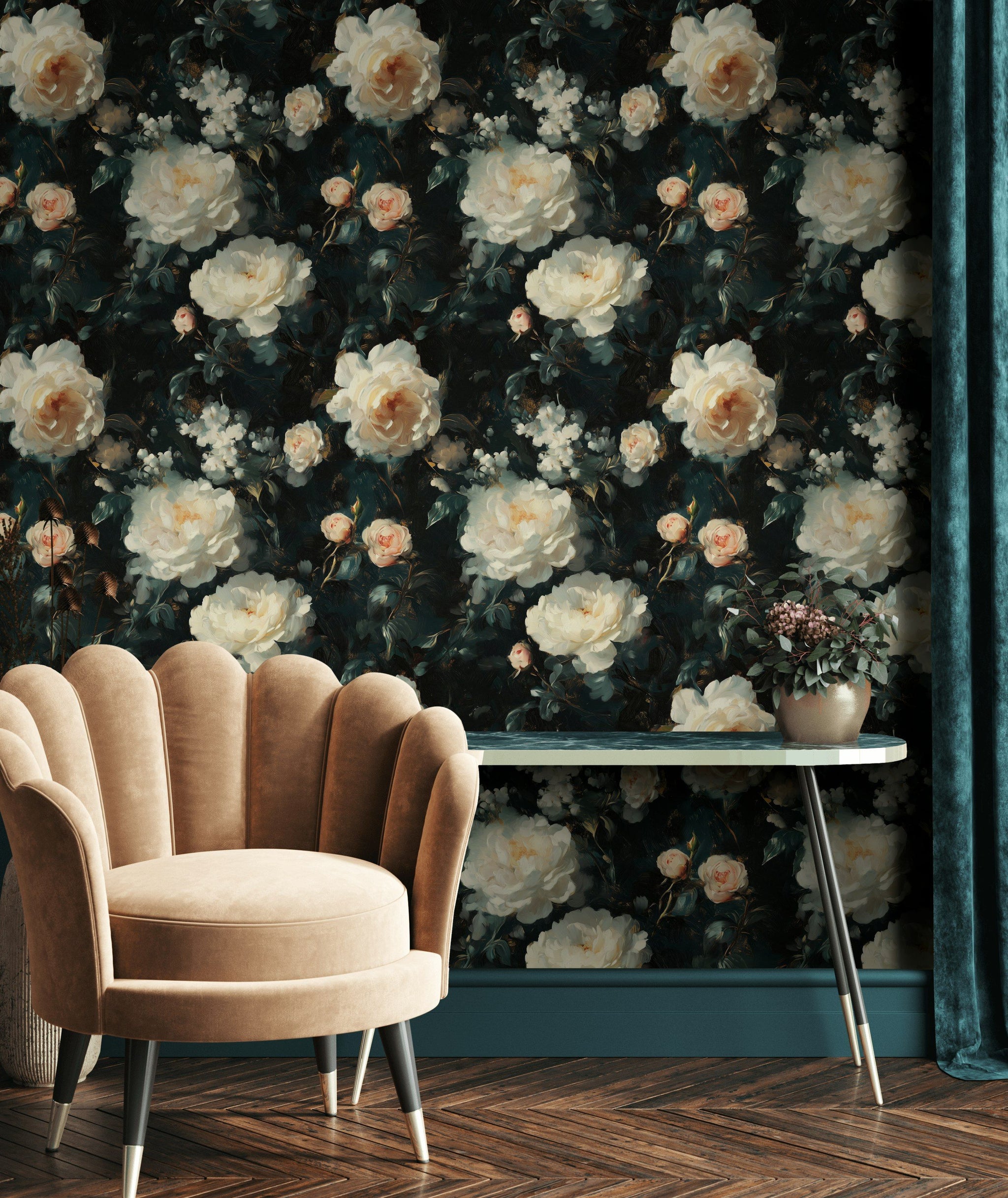Ivory Rose Blooms on Deep Charcoal Floral Wallpaper