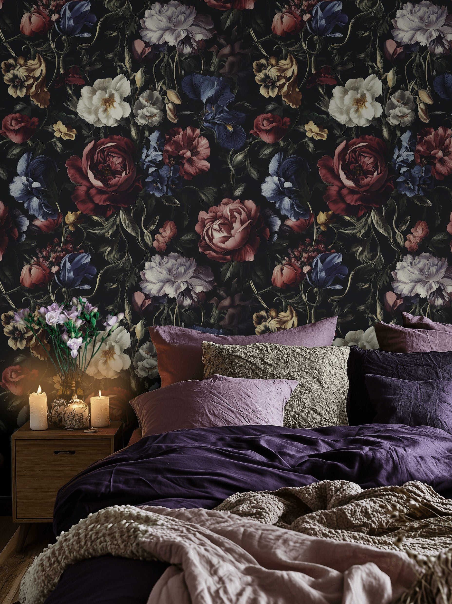 Dark Floral Elegance Large Bloom Wallpaper