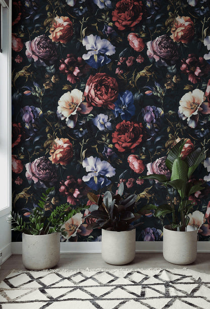 Dark Multicolor Large Floral Wallpaper