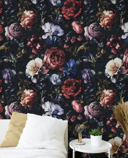 Dark Multicolor Large Floral Wallpaper