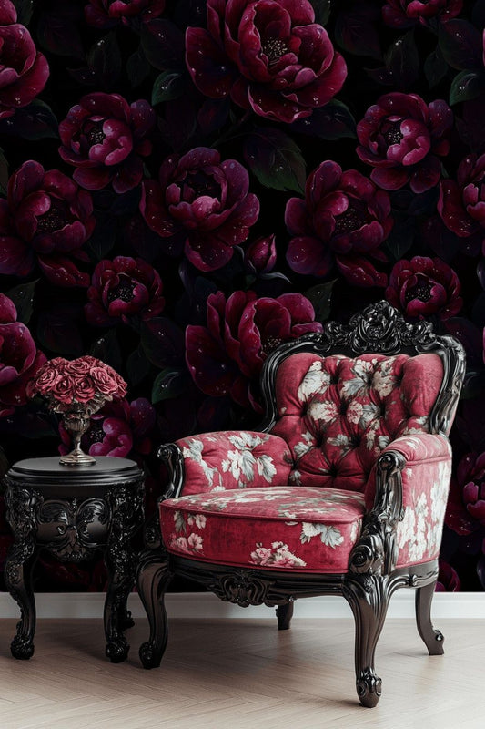 Burgundy Peony Wallpaper Dark Floral Mural Bold Wall Decor