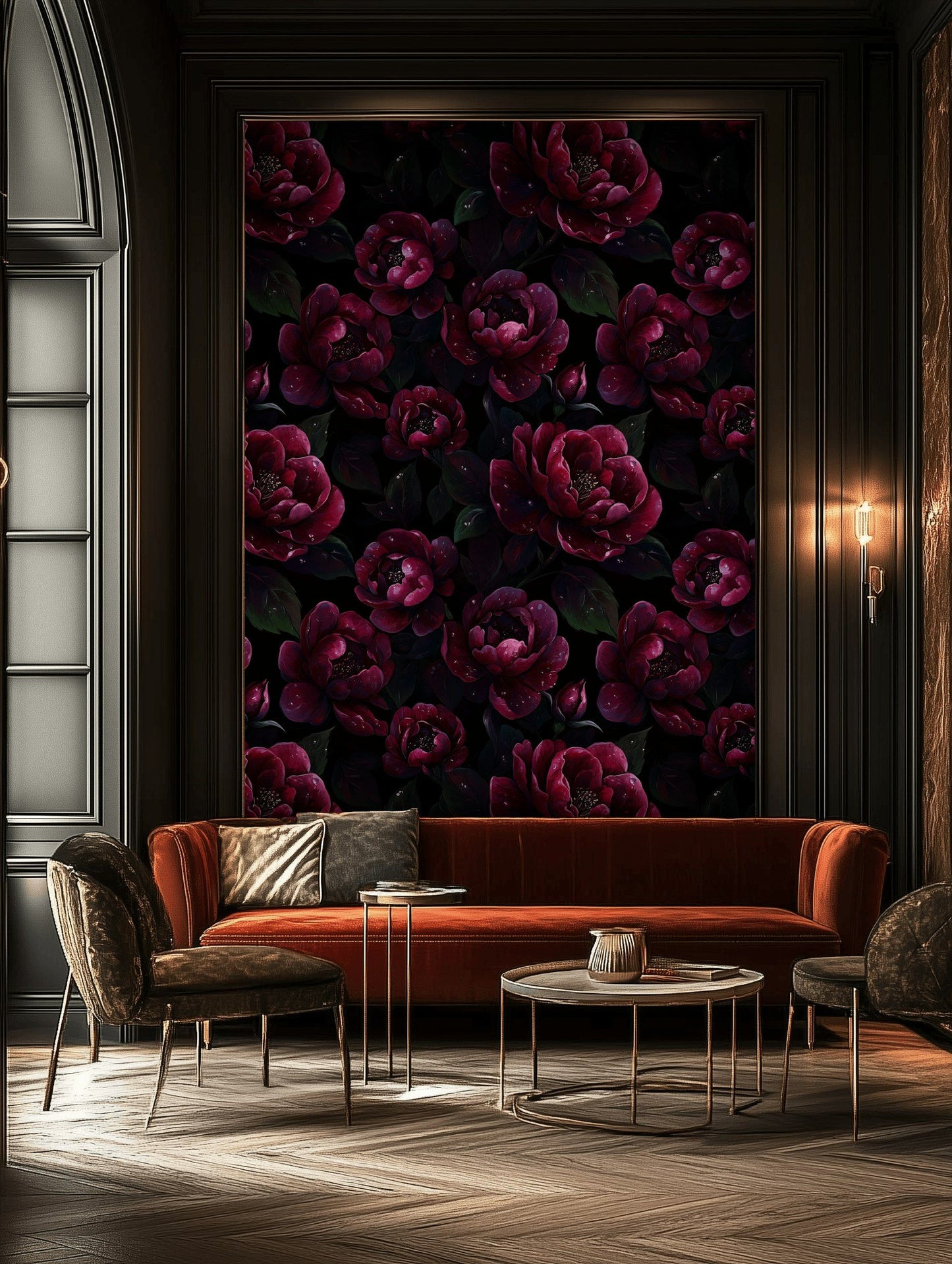Burgundy Peony Wallpaper Dark Floral Mural Bold Wall Decor