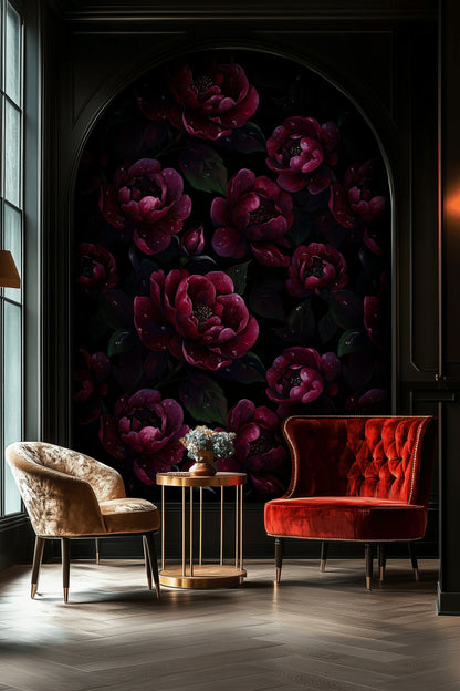 Deep Burgundy Rose Floral Wallpaper