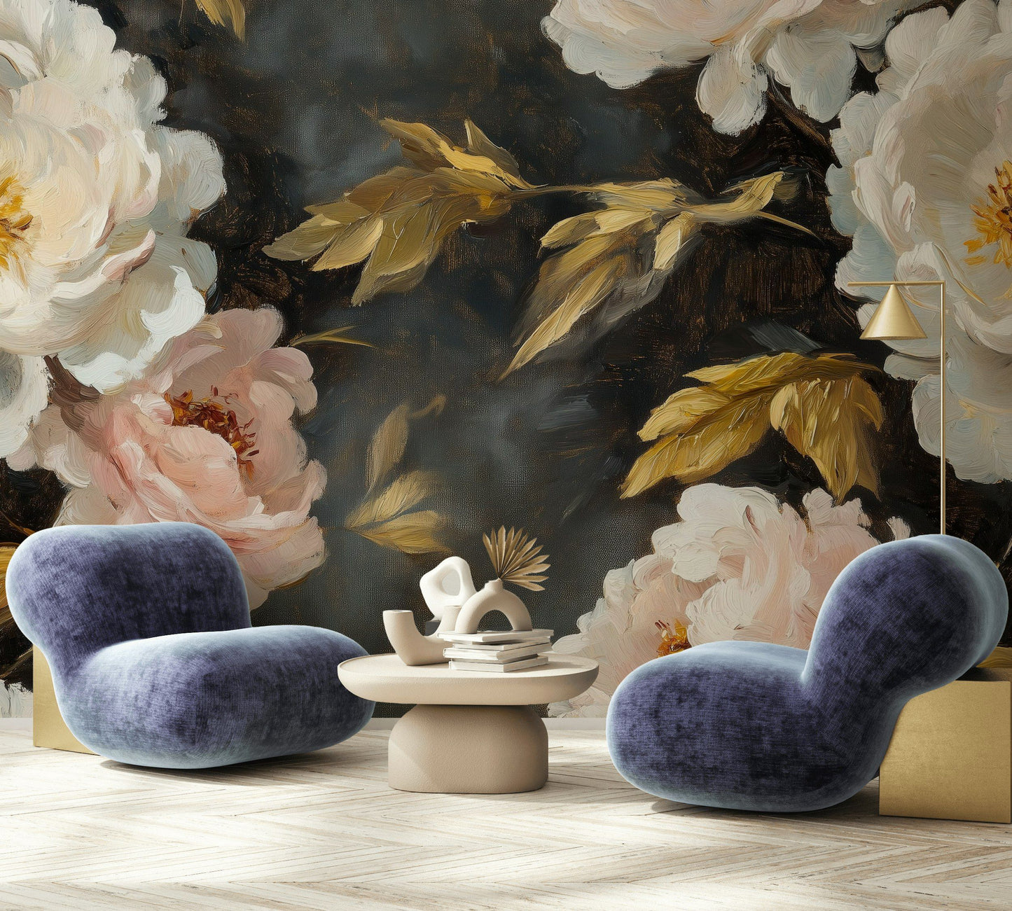 Oil Painted Floral Wallpaper Gold Leaf Peony Wall Mural