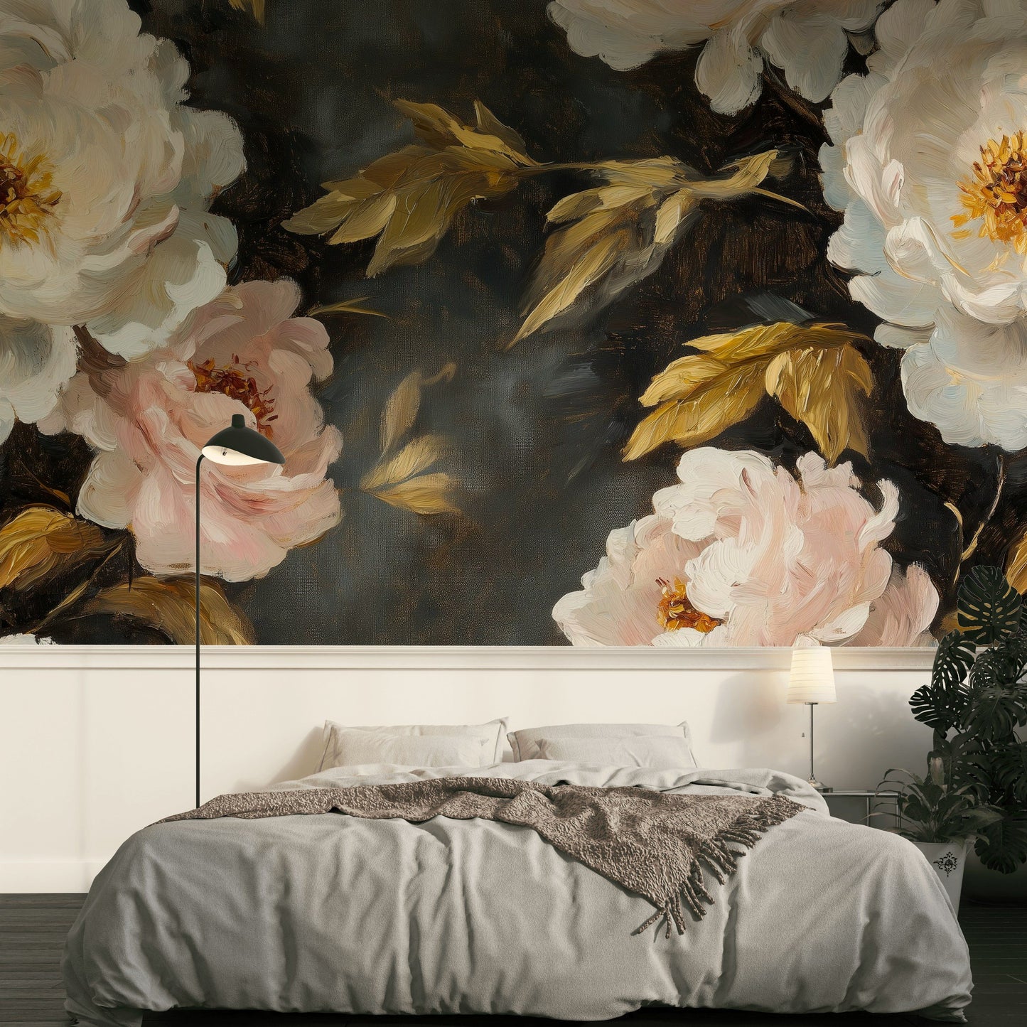Oil Painted Floral Wallpaper Gold Leaf Peony Wall Mural