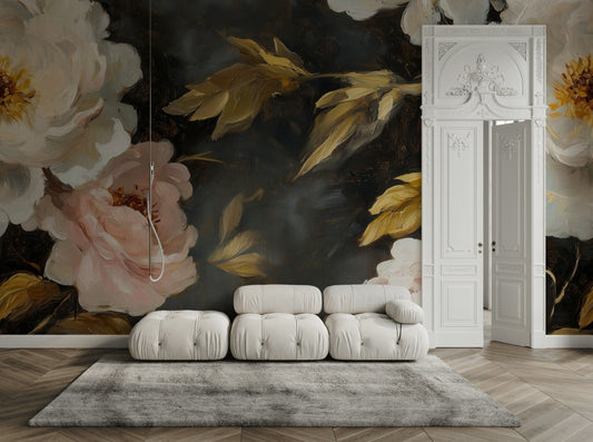 Oil Painted Floral Wallpaper Gold Leaf Peony Wall Mural