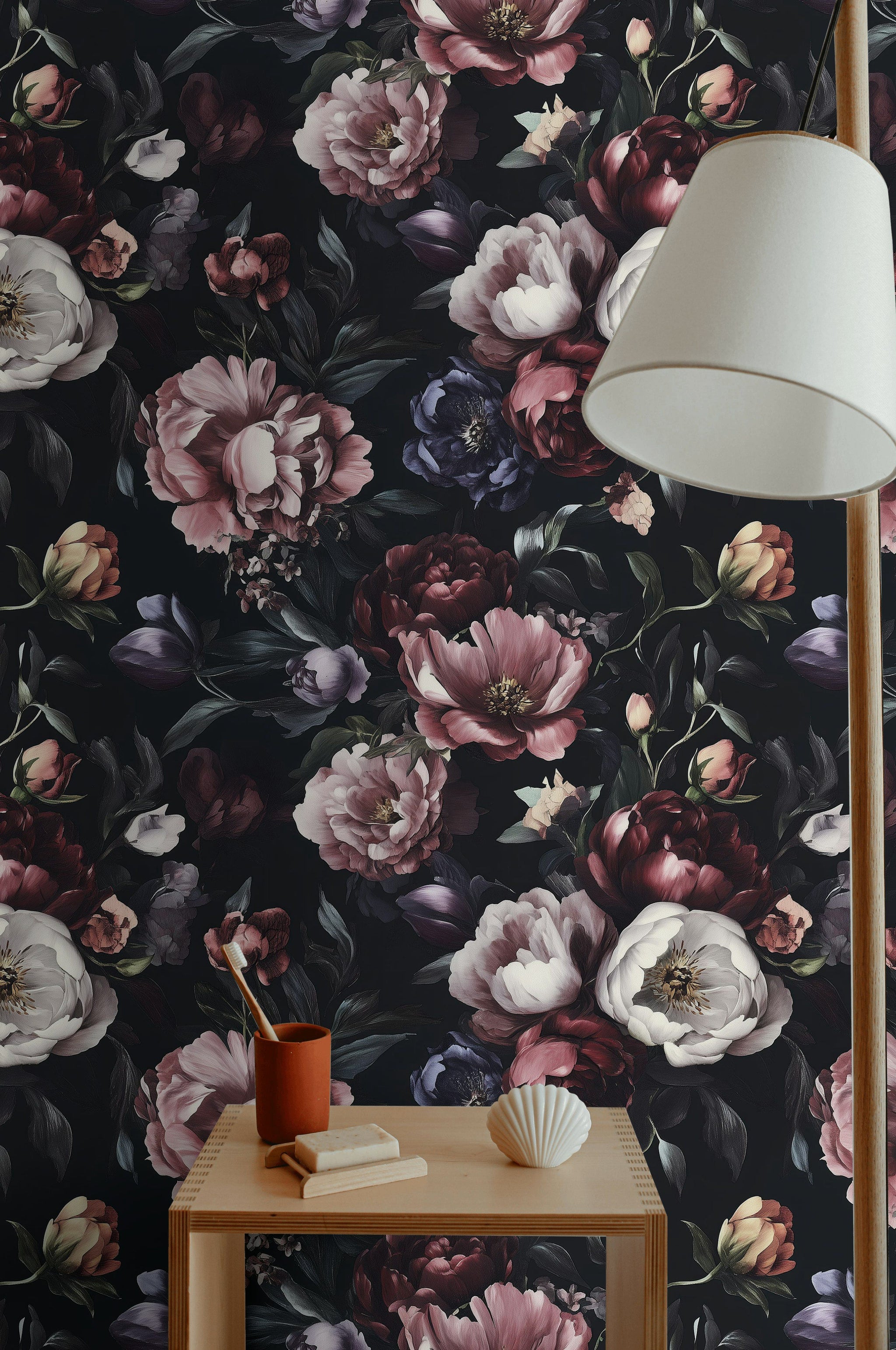 Moody Black and Burgundy Peonies Floral Wallpaper
