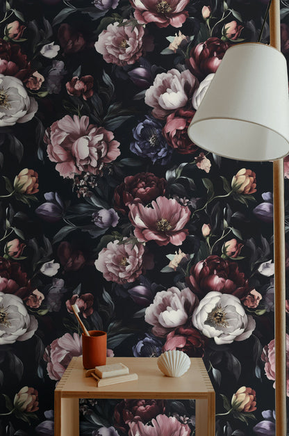 Moody Black and Burgundy Peonies Floral Wallpaper