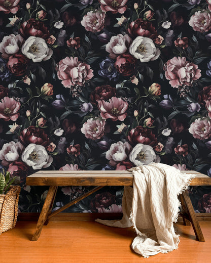 Moody Black and Burgundy Peonies Floral Wallpaper
