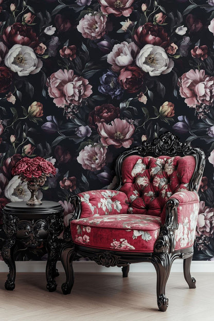 Moody Black and Burgundy Peonies Floral Wallpaper