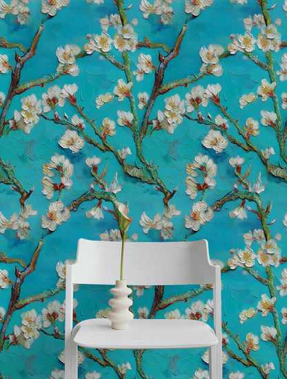 Turquoise Brushstroke Cherry Blossom Wallpaper