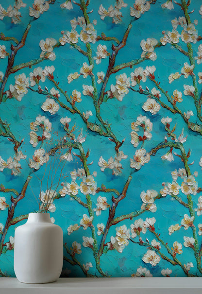 Turquoise Brushstroke Cherry Blossom Wallpaper