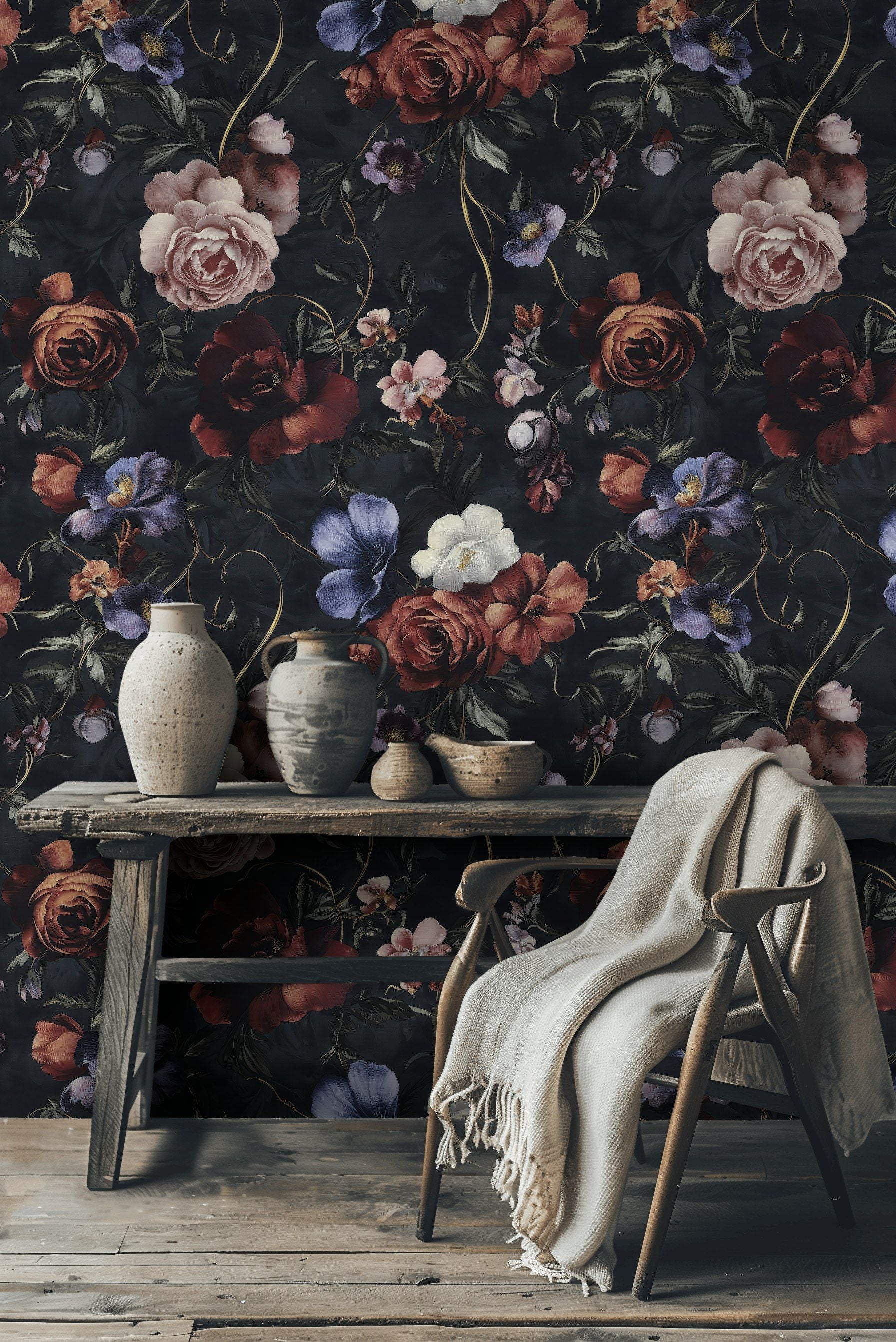 Elegant Dark Floral Roses Pattern Wallpaper