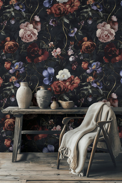 Elegant Dark Floral Roses Pattern Wallpaper