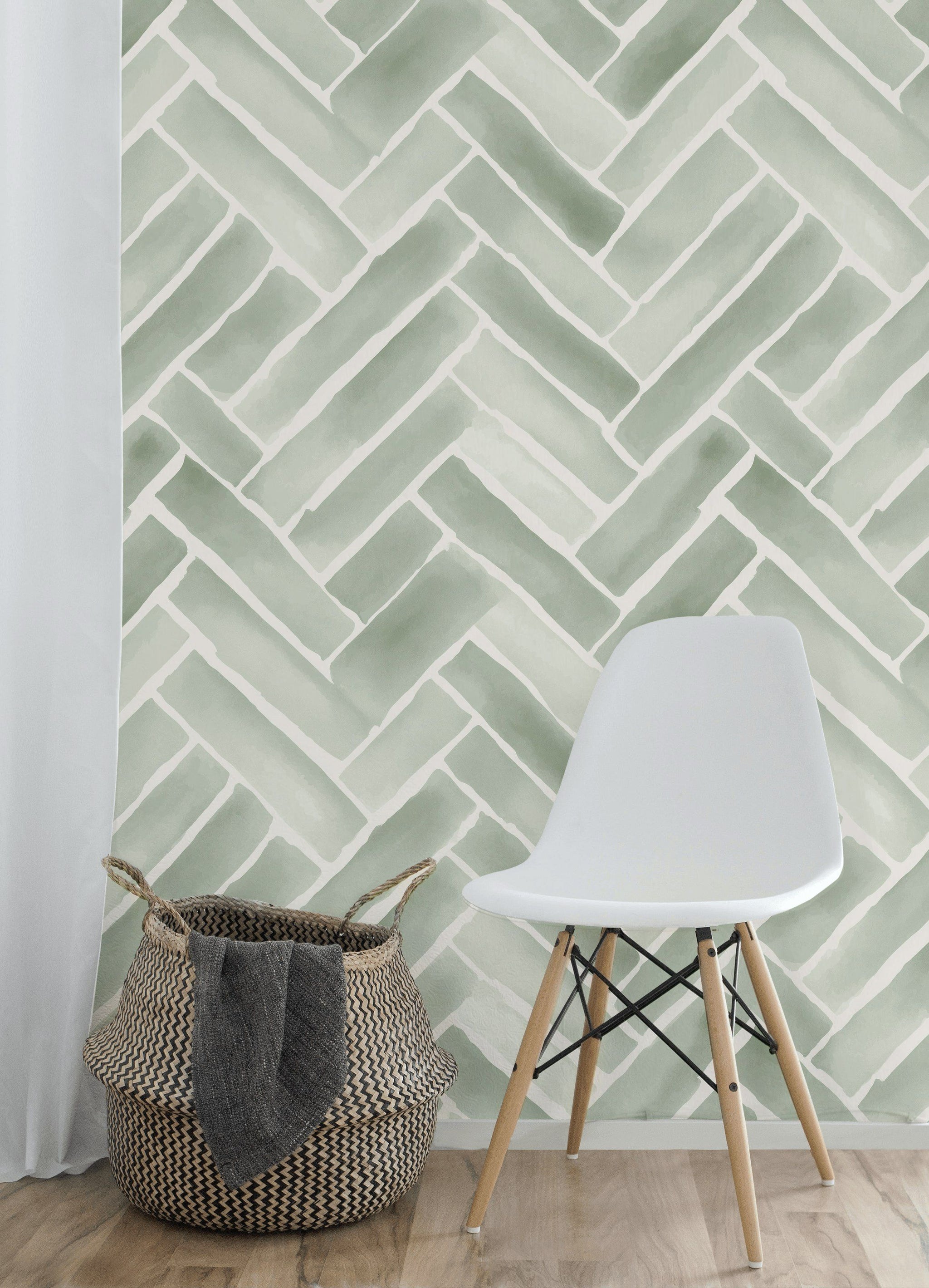 Sage Green Herringbone Geometric Wallpaper