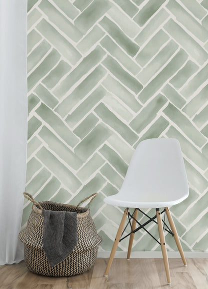 Sage Green Herringbone Geometric Wallpaper