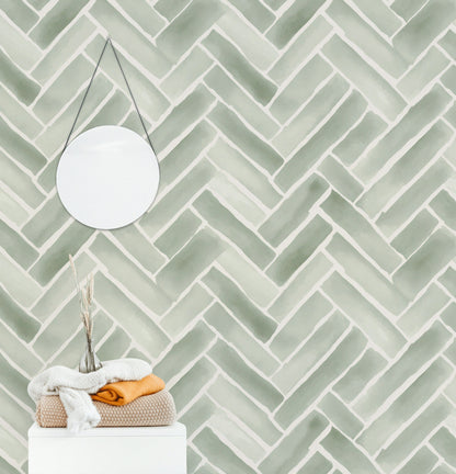 Sage Green Herringbone Geometric Wallpaper