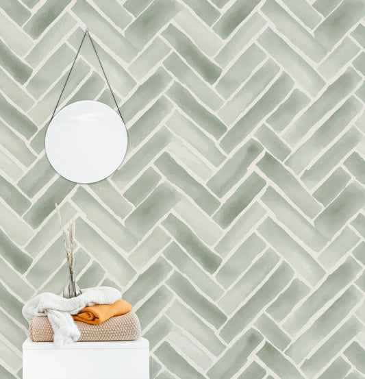 Herringbone Wallpaper Sage Green Mural Modern Wall Decor