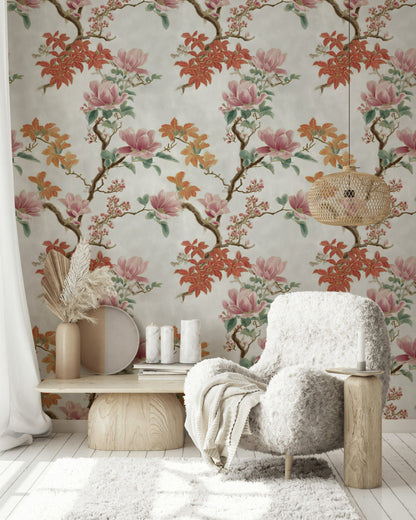 Cream and Pink Magnolia Branch Wallpaper