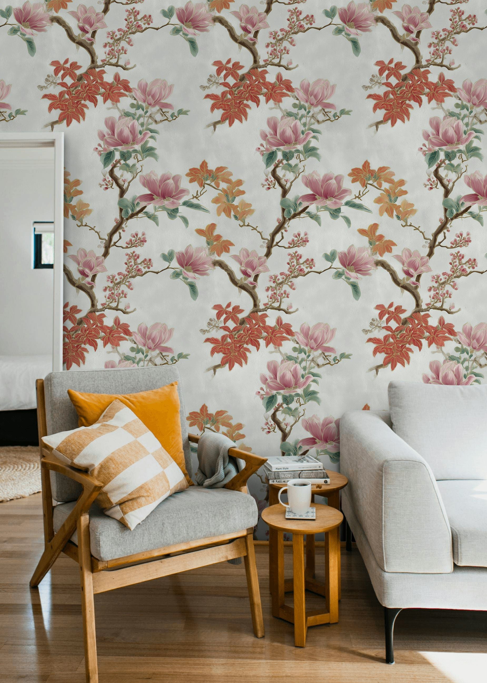 Cream and Pink Magnolia Branch Wallpaper