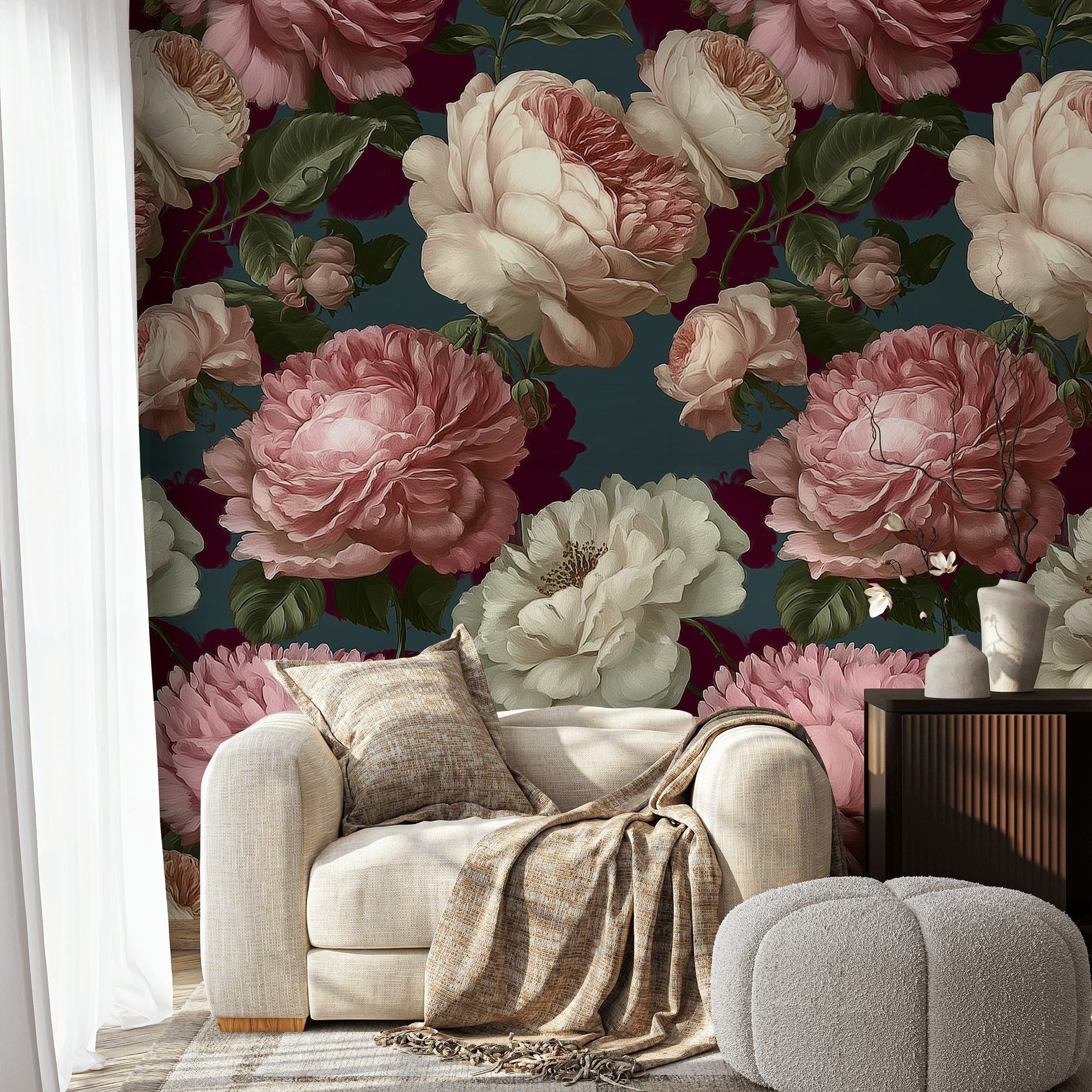 Deep Burgundy Peony Floral Wallpaper