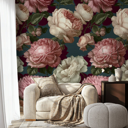 Deep Burgundy Peony Floral Wallpaper