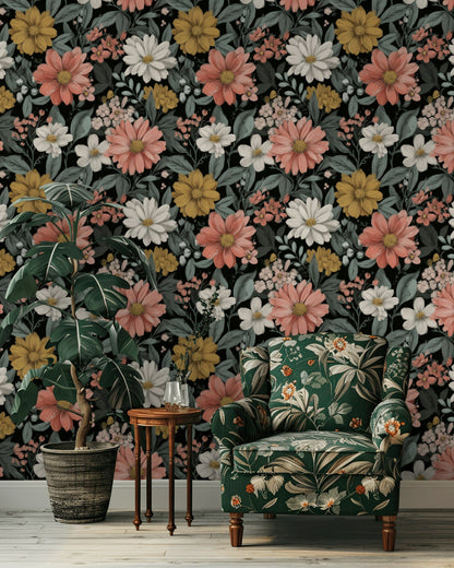 Dark Multicolor Bold Floral Wallpaper