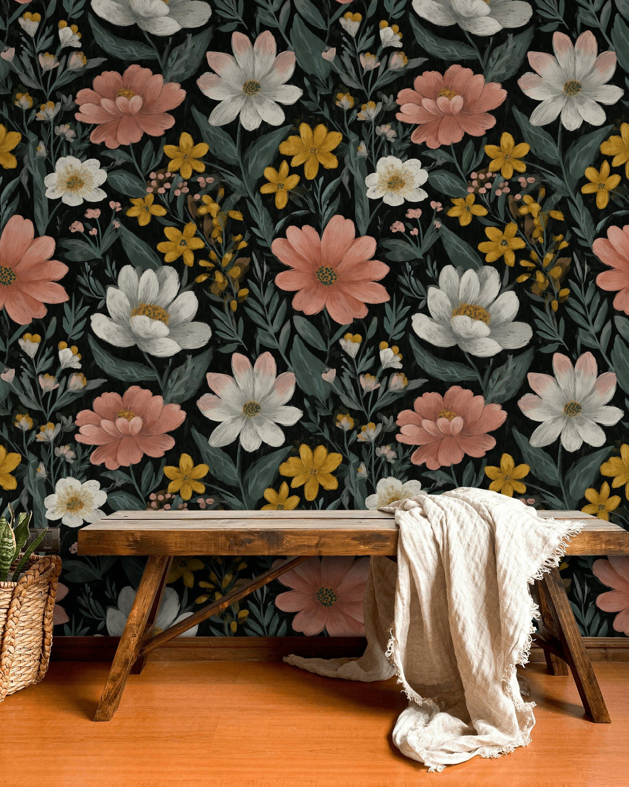 Vintage Floral on Black Bold Pattern Wallpaper