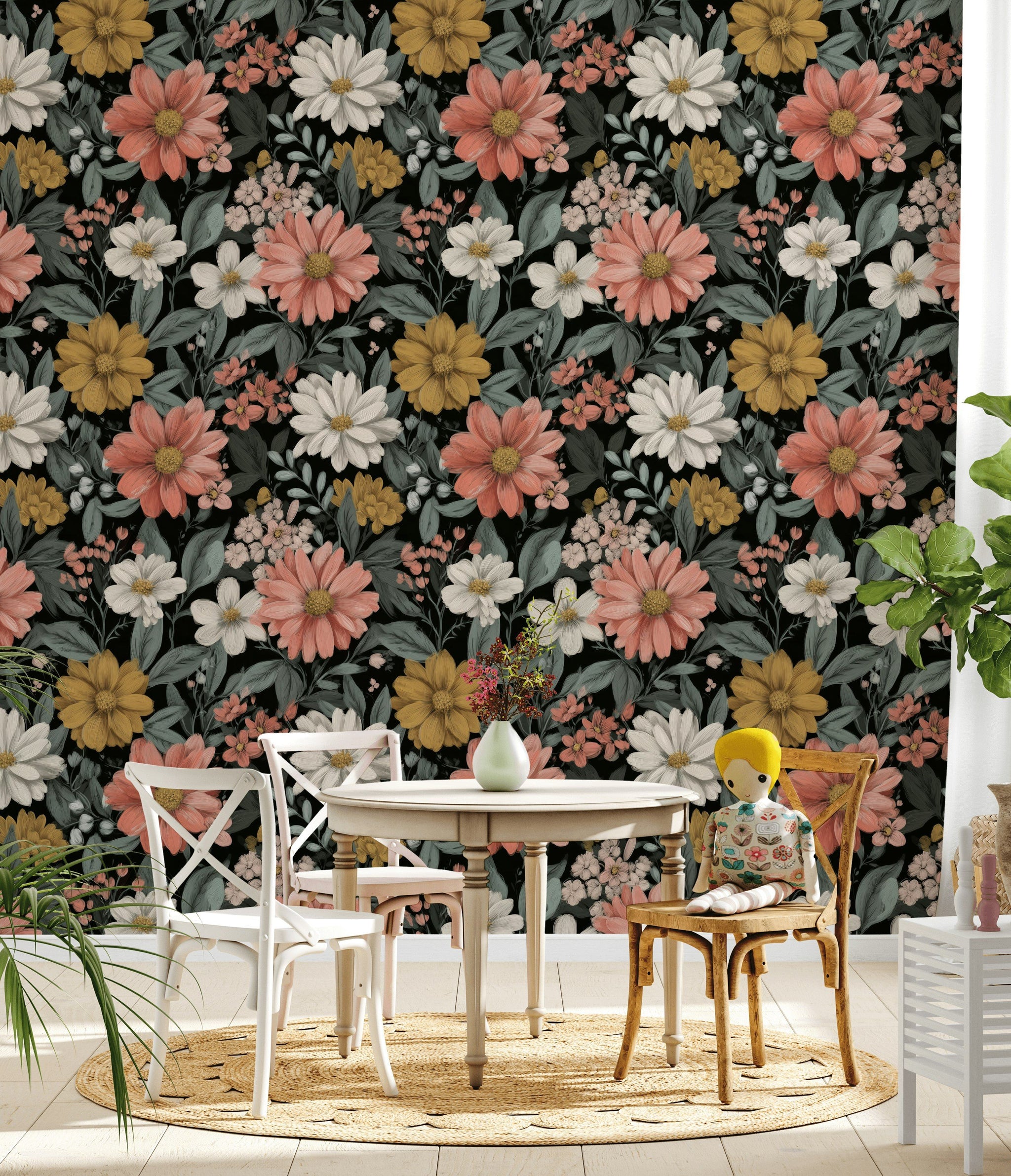 Dark Multicolor Bold Floral Wallpaper