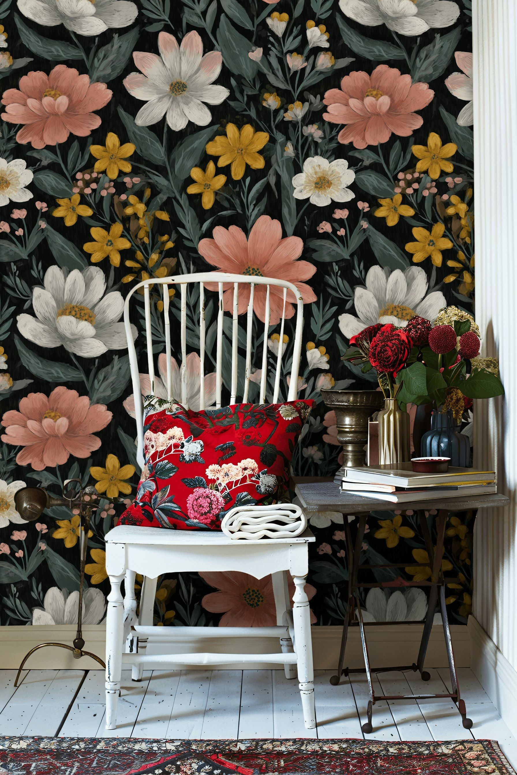 Vintage Floral on Black Bold Pattern Wallpaper
