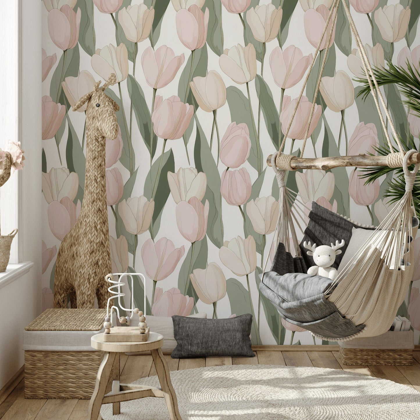 Blush Tulip Wallpaper Pastel Mural Modern Floral Wall Decor