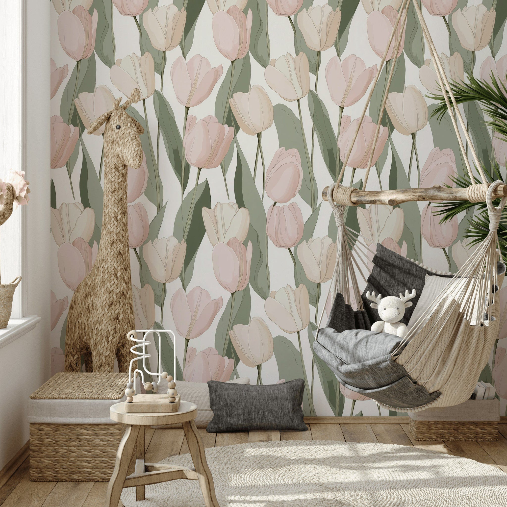 Soft Pink and White Tulip Floral Wallpaper