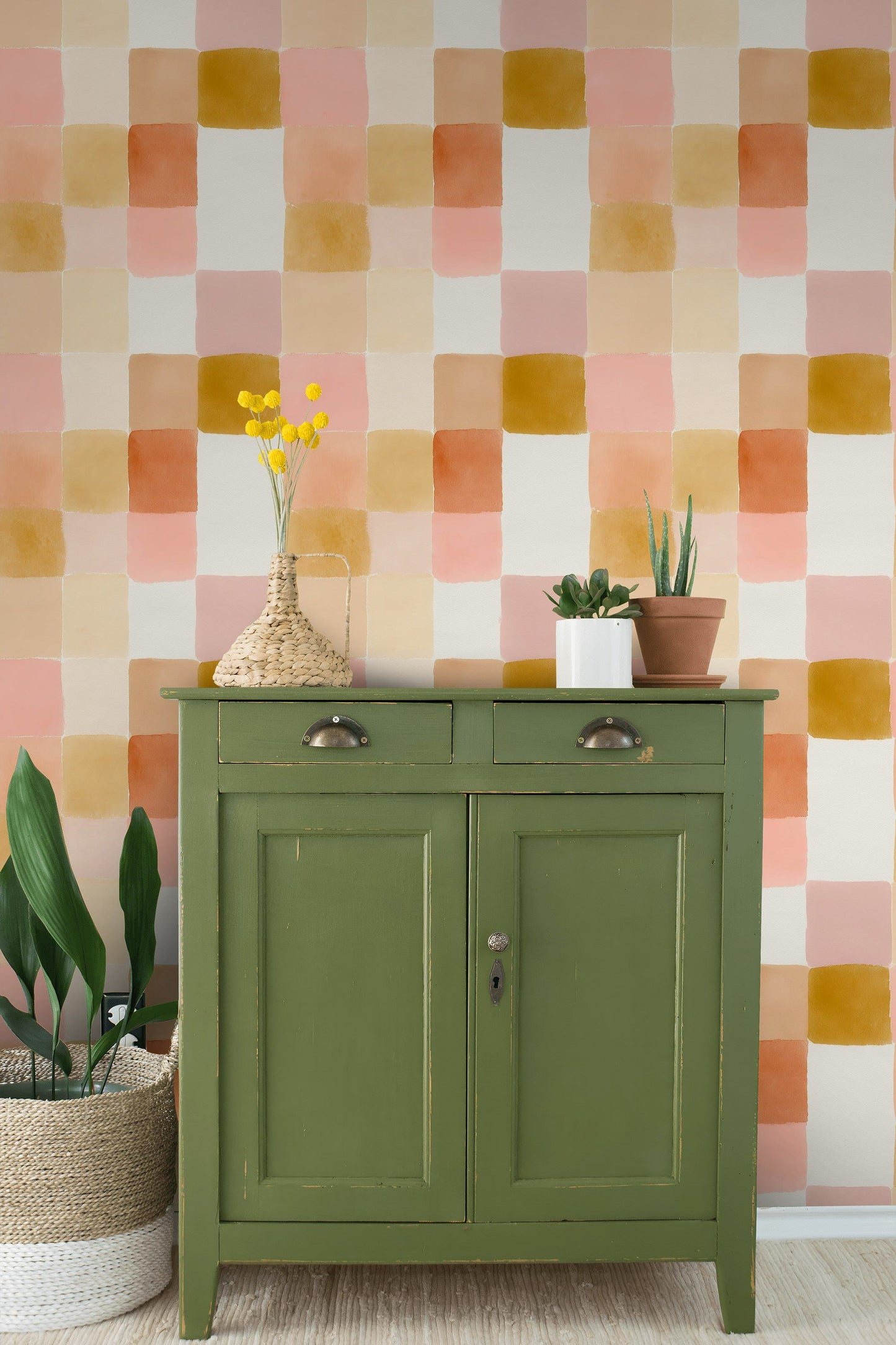 Checkered Watercolor Wallpaper Retro Mural Pastel Wall Decor
