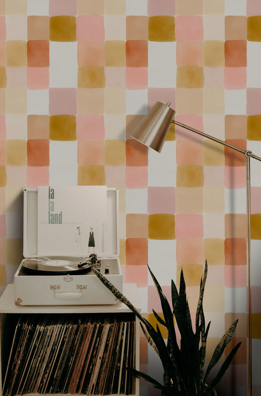 Checkered Watercolor Wallpaper Retro Mural Pastel Wall Decor