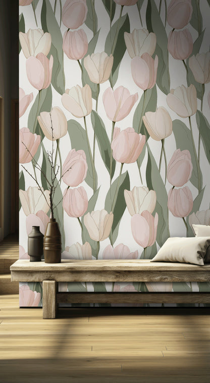 Soft Pink and White Tulip Floral Wallpaper