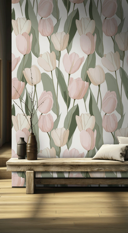 Blush Tulip Wallpaper Pastel Mural Modern Floral Wall Decor
