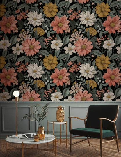Dark Multicolor Bold Floral Wallpaper