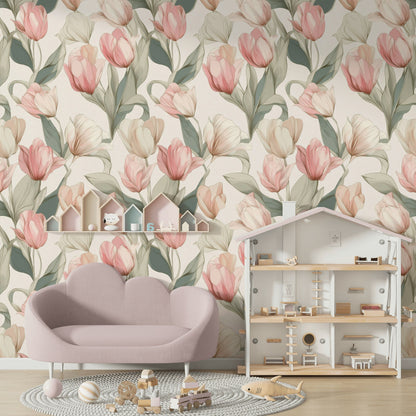 Cream and Pink Tulip Floral Wallpaper