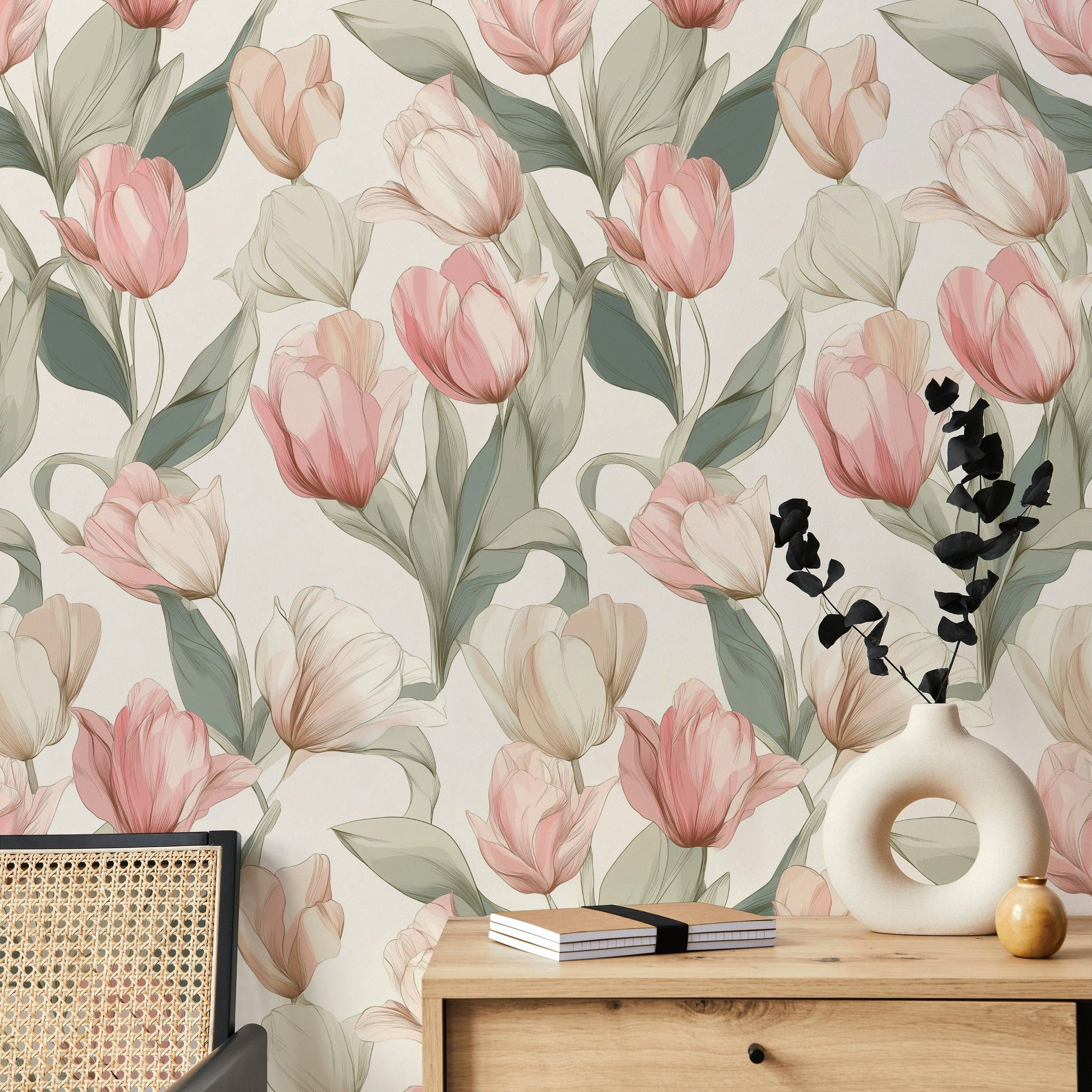 Cream and Pink Tulip Floral Wallpaper