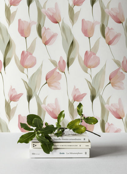 Blush Pink Tulip Floral Pattern Wallpaper