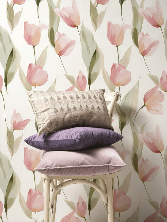 Pink Tulip Wallpaper Modern Soft Botanical Removable Wall Decor