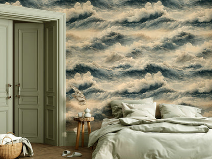 Blue and Cream Ocean Wave Pattern Wallpaper